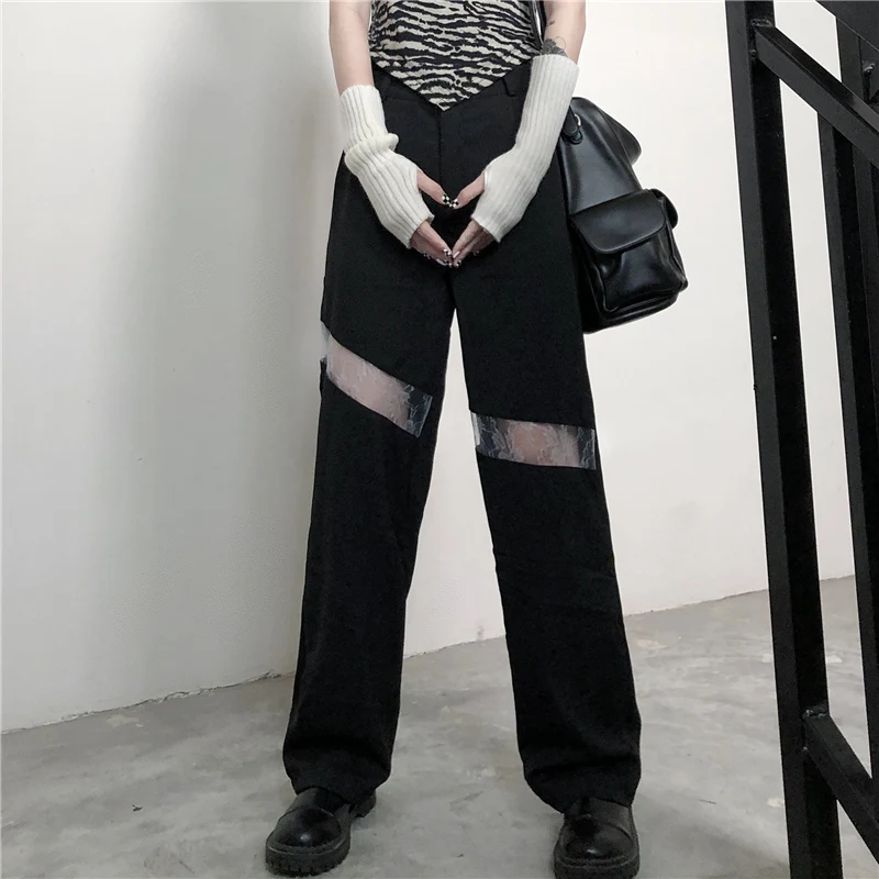 

Новые стильные черные брюки с высокой талией и отверстиями, прямые широкие брюки для женщин