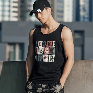 

han Men's Beach Vest Large Size Pure Cotton Breathable Undershirt Letter Printing Sleeveless T-Shirt Sports Vest Men