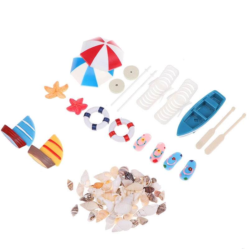 

13Pcs/Set Miniature Deck Chair Beach Umbrella Boat Shell Kits for Dollhouse Life Scenes Decoration Aquarium Decor Accessory