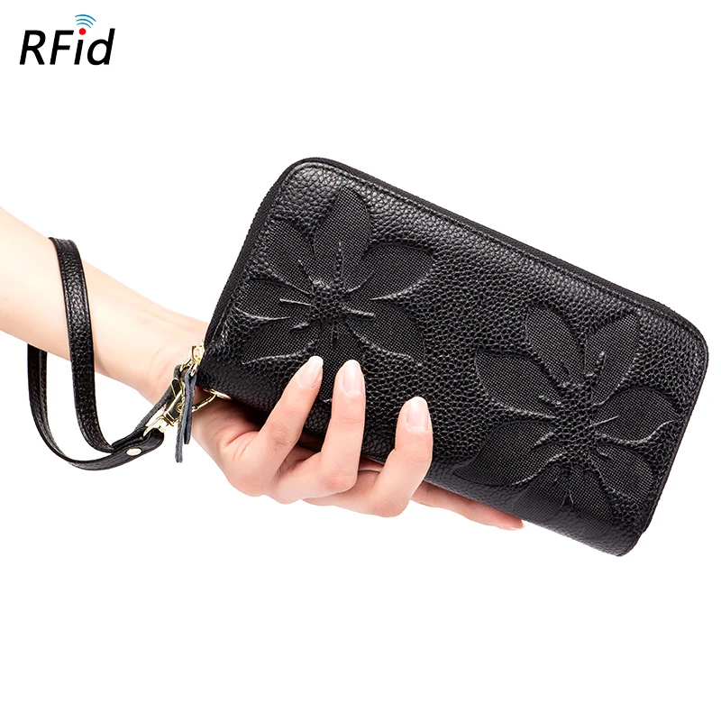

Genuine Cow Leather Women Double Zipper Long Wallet Large Capacity Ladies Purse Phone Bag Credit Cards Holder Money Clutch
