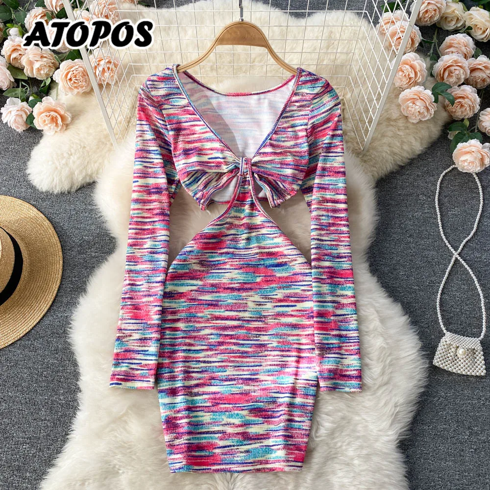 

Atopos Hollow Out Women Sexy Striped Dress Fashion V Neck Long Sleeve Slim Short Dresses Party Vestidos Woman Clothes New Year