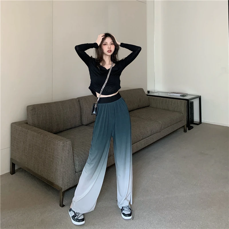 

Summer wide-leg pants women 2021 new gradient color high-waist draping thin floor-to-ceiling pants straight casual women's pants