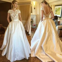 wedding dresses lace beaded 2020 vestido de novia vintage cap sleeve open back bride dress with pockets elegant white ivory