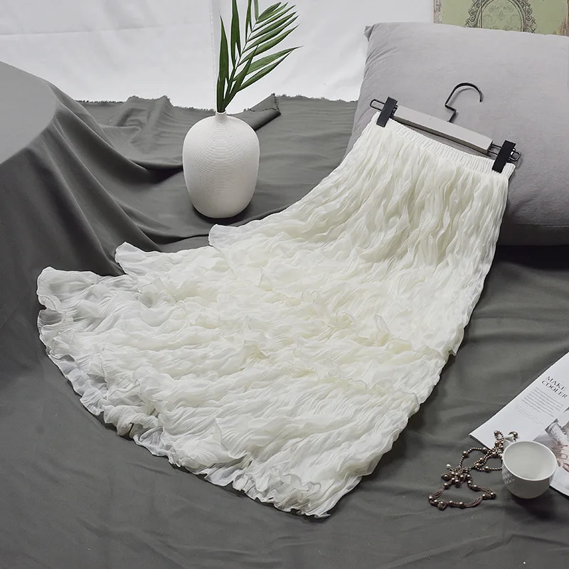 

2020 Spring Summer Korean Women's Maxi Mesh Chifon Pleated Elegant Maxi Skirt High Waist Tassel A Line Long Tutu Skirts Female