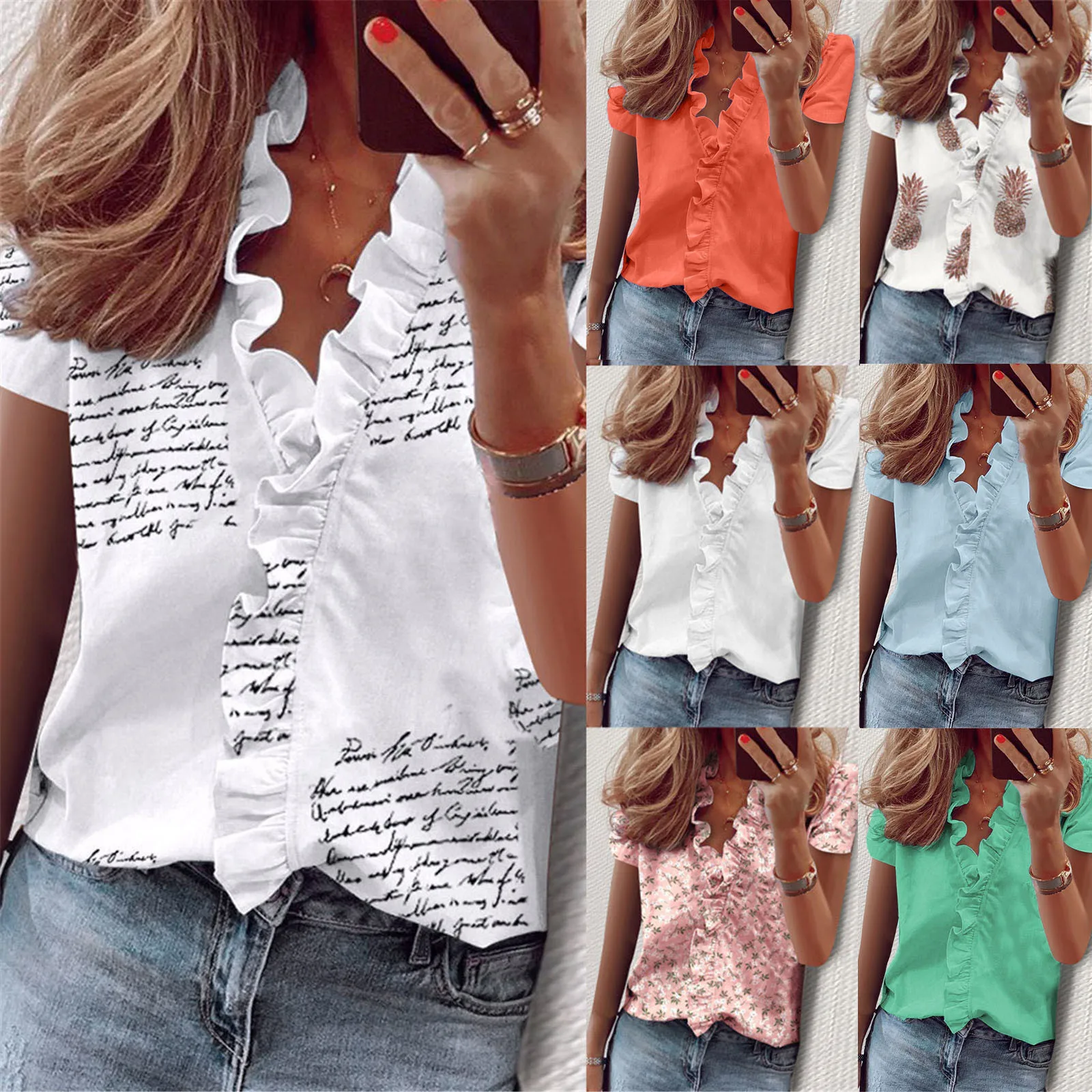 

Women's Summer Ruffle V-Neck Short Sleeve Solid Print Casual Dressy Top
