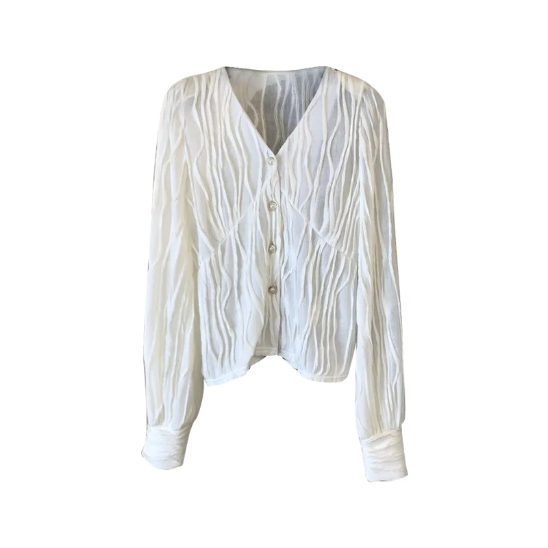 

2021spring and autumn new Korean version specific novel pleated material loose wild V-neck shirt pleated top women