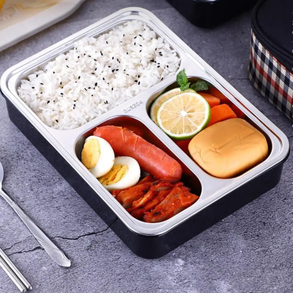 Bento Box Lunchbox 3 Compartments Anti-scald Stainless Steel Rectangular Lunch with Spoon Chopsticks for Student Office Lady | Дом и сад