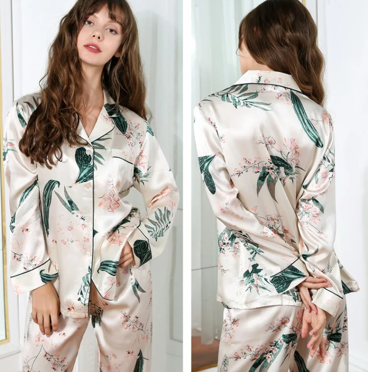 Top Grade Women 100% Silk Pajamas Long Sleeve Suit Rich Woman Real Mulberry Silk Sleepwear Set Floral Nightwear