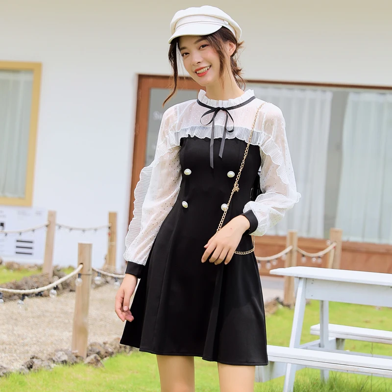 Новое Элегантное черное платье женские платья в Корейском стиле милые трапеции с