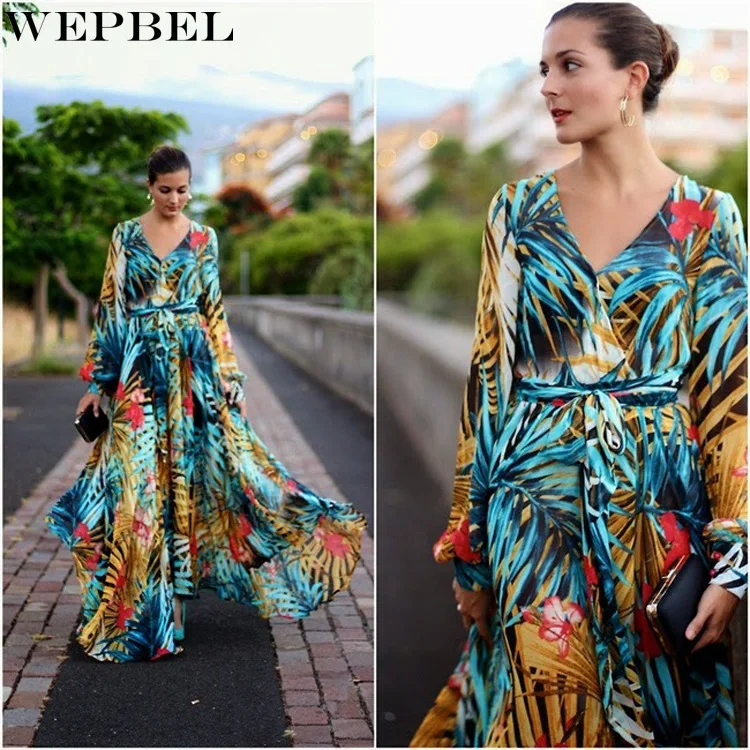 

WEPBEL Chiffon Dress Women's Casual Floral Print Loose Dress Spring Summer Fashion Long Sleeve V-neck Lace-up Dress