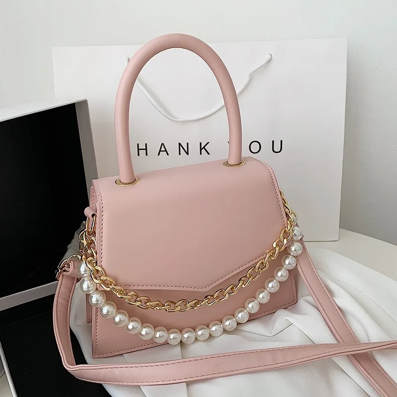 

Brand designer messenger bag female bag 2020 new trendy fashion all-match pearl chain shoulder bag PU leather small square bag