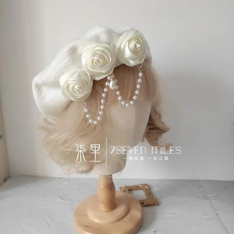 

Японский мягкий берет ручной работы для девушек в стиле "Лолита", милая элегантная шапка художника с розовыми жемчужинами и цепочками, тепла...