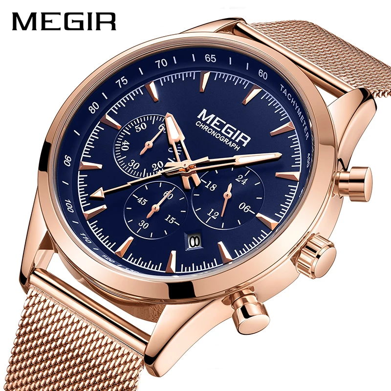

MEGIR Mens Watches Top Brand Rose Gold Stainless Steel Wrist Watch for Man Waterproof Business Quartz Watches Relogio Masculino