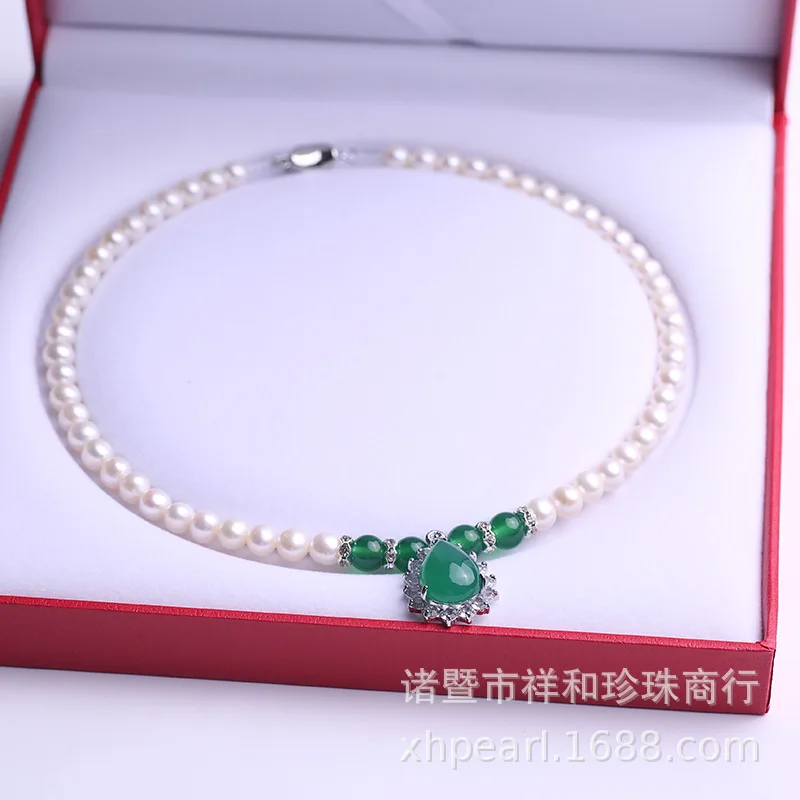 

Natural Freshwater Pearl Necklace ,Mother Chain Bone Chain ,Agate Pendant ,Mother's Day Gift