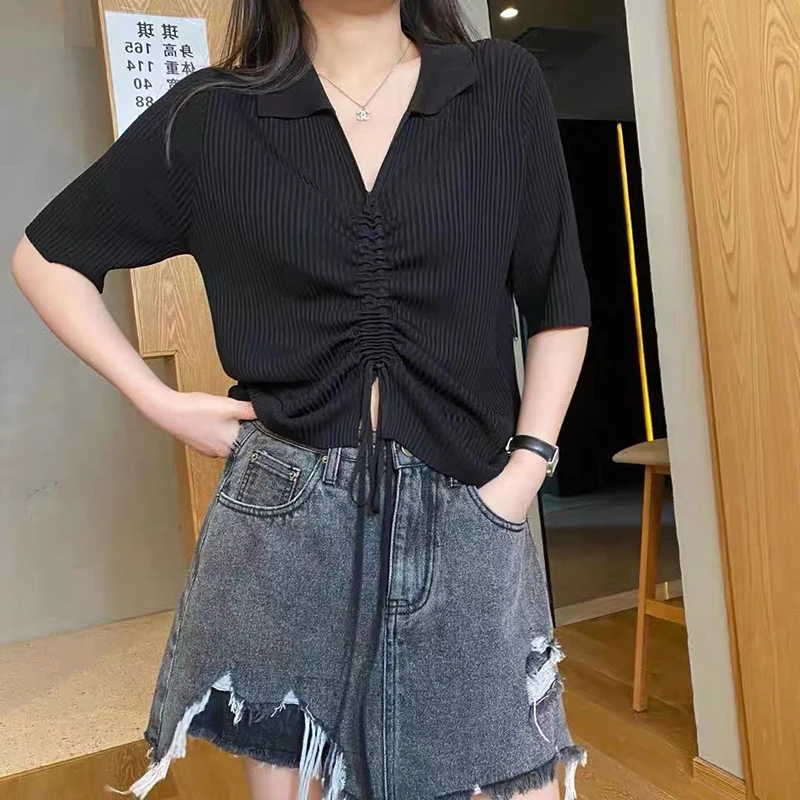 

Women Summer Blouses 2021 2xl Oversized Short Sleeve T Shirt Fashion Drawstring V-neck Pullover Harajuku Fashion Top Black Green