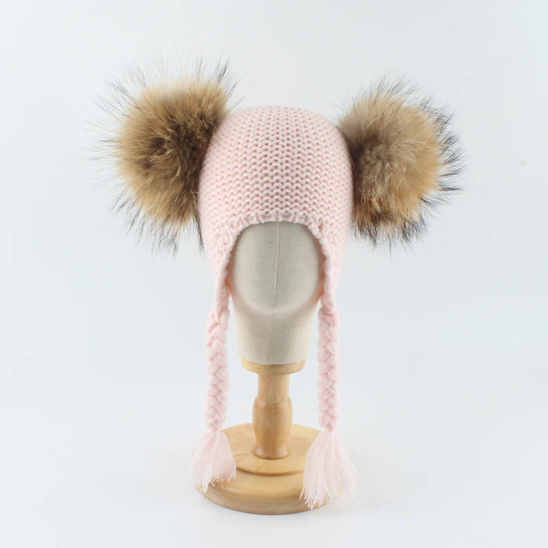 Шапка с помпоном из натурального меха енота для детей зимняя вязаная теплая