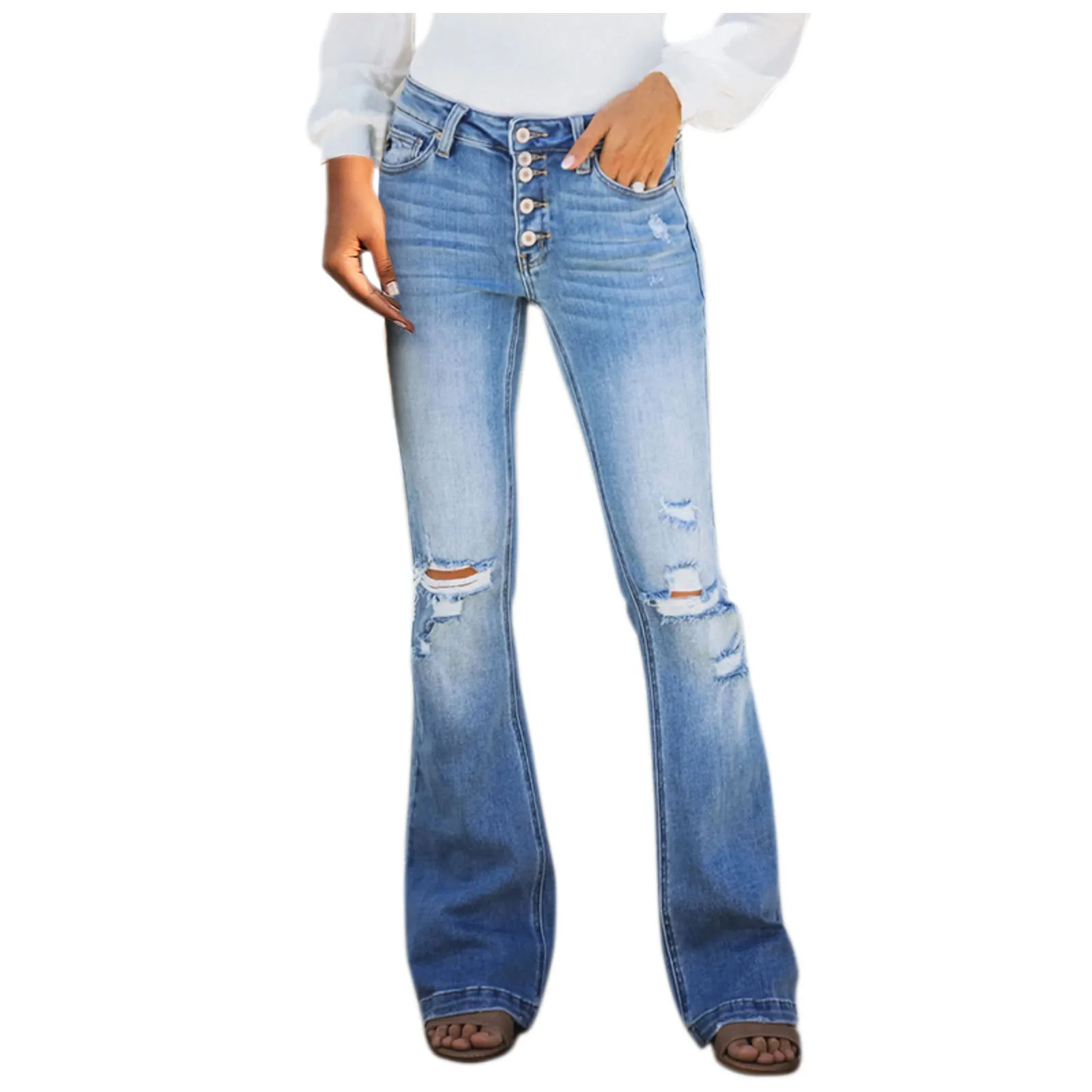 

Women Distressed Denim Flare Jeans Mid Waist Bell Jeans Stretch Slim Pants Length Jeans Retro Harajuku Straight Stretch Pants