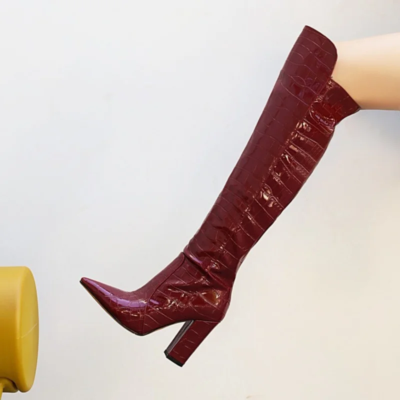 

Women's Knee High Boots New Embossed Solid Color Boots Fashion Simple Knight boots Pole Dance Thick High Heels Women Shoes