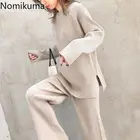 Осенние женские трикотажные комплекты Nomikuma с длинным рукавом и круглым вырезом, Повседневный свитер с разрезом + длинные брюки с высокой талией и широкими штанинами, новинка 2020, 6C447