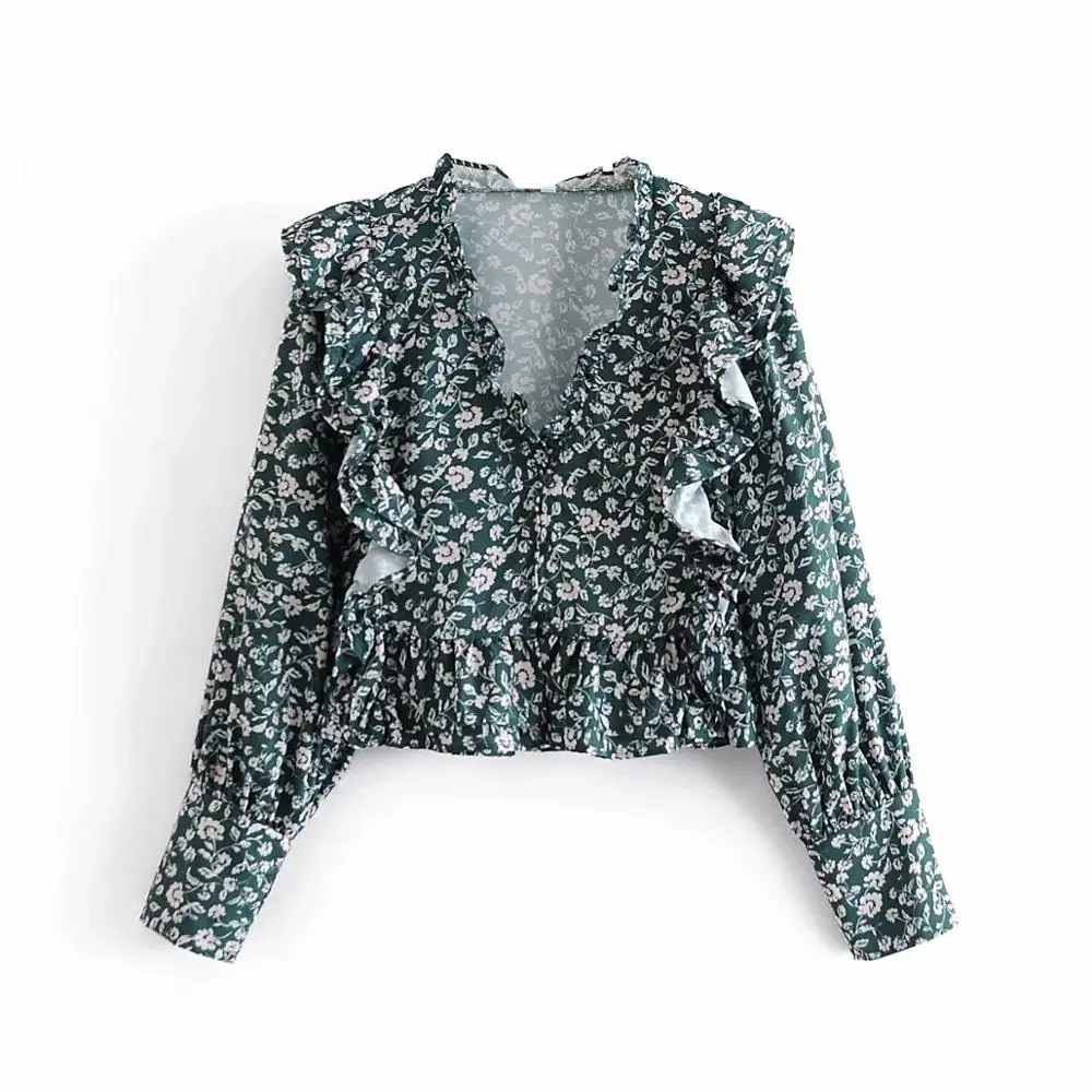 

2020 Новый Для женщин блузка с цветочным рисунком одежда с длинным рукавом и v-образным вырезом рубашка с рюшами Топы Винтаж Для женщин рубашк...