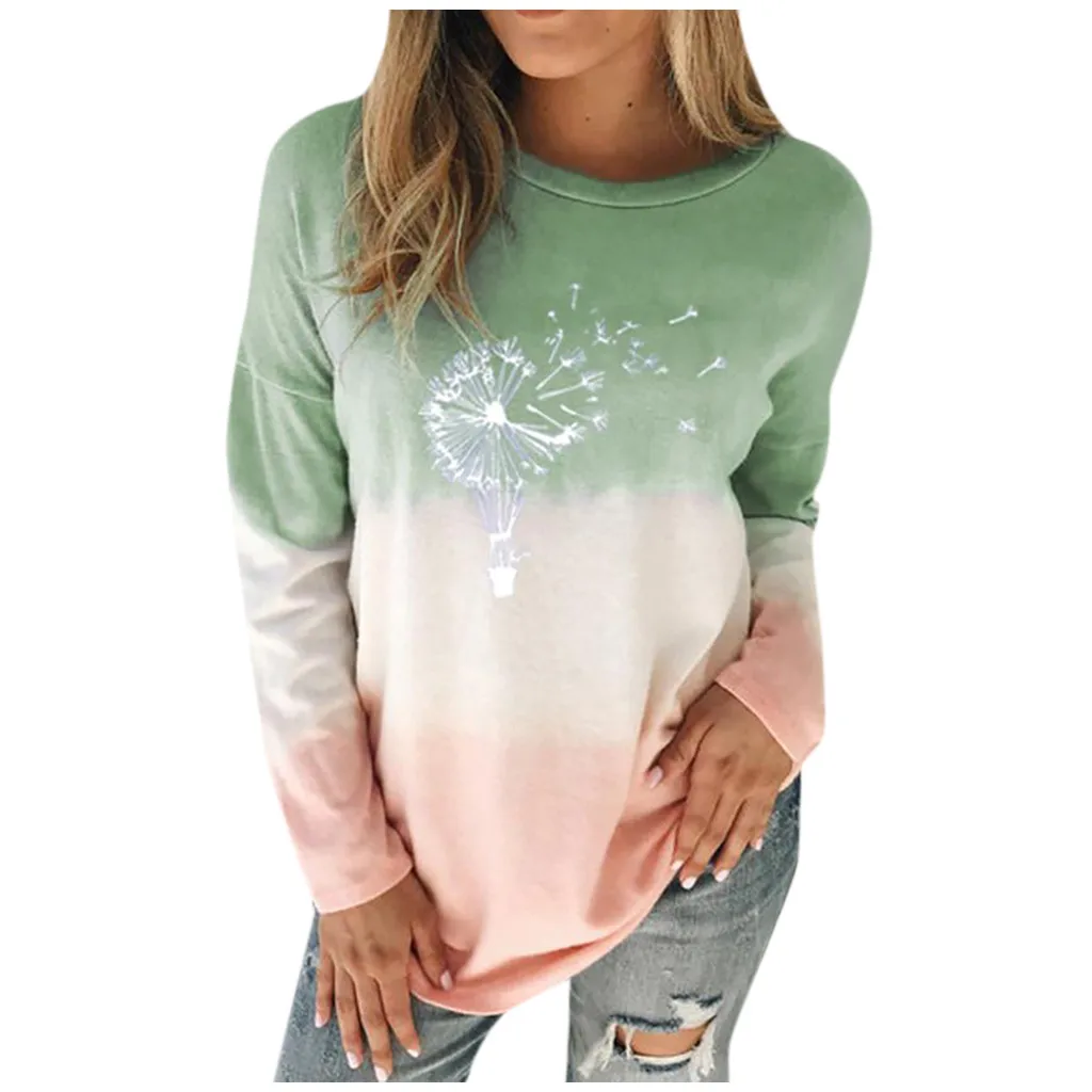 Women Fashion O-neck Tie-dye Loose Long Sleeves Tops Blouse Gradient Sweatshirt Для Женщин Sweetshirts Hoodie Толстовка 2021