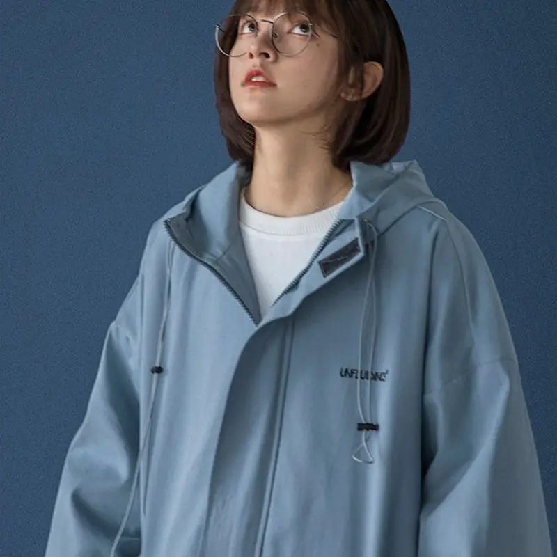 

Jackets Women Oversize Letter Embroidery Couples Safari Style Hooded Coats Front Pocket Zipper Loose Retro All-match Spring Chic