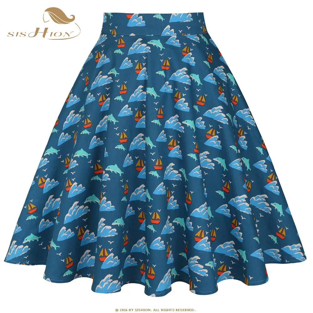 

SISHION 2022 Summer New Dolphin Turtle Starfish Cherry Floral Print Skirt VD0020 Cotton High Waist Swing Skirts Women