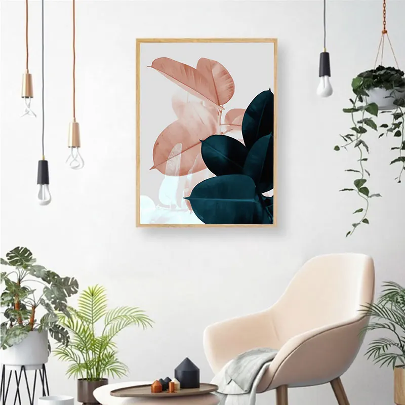 Современный настенный постер с розовыми цветами и зелеными растениями печать на