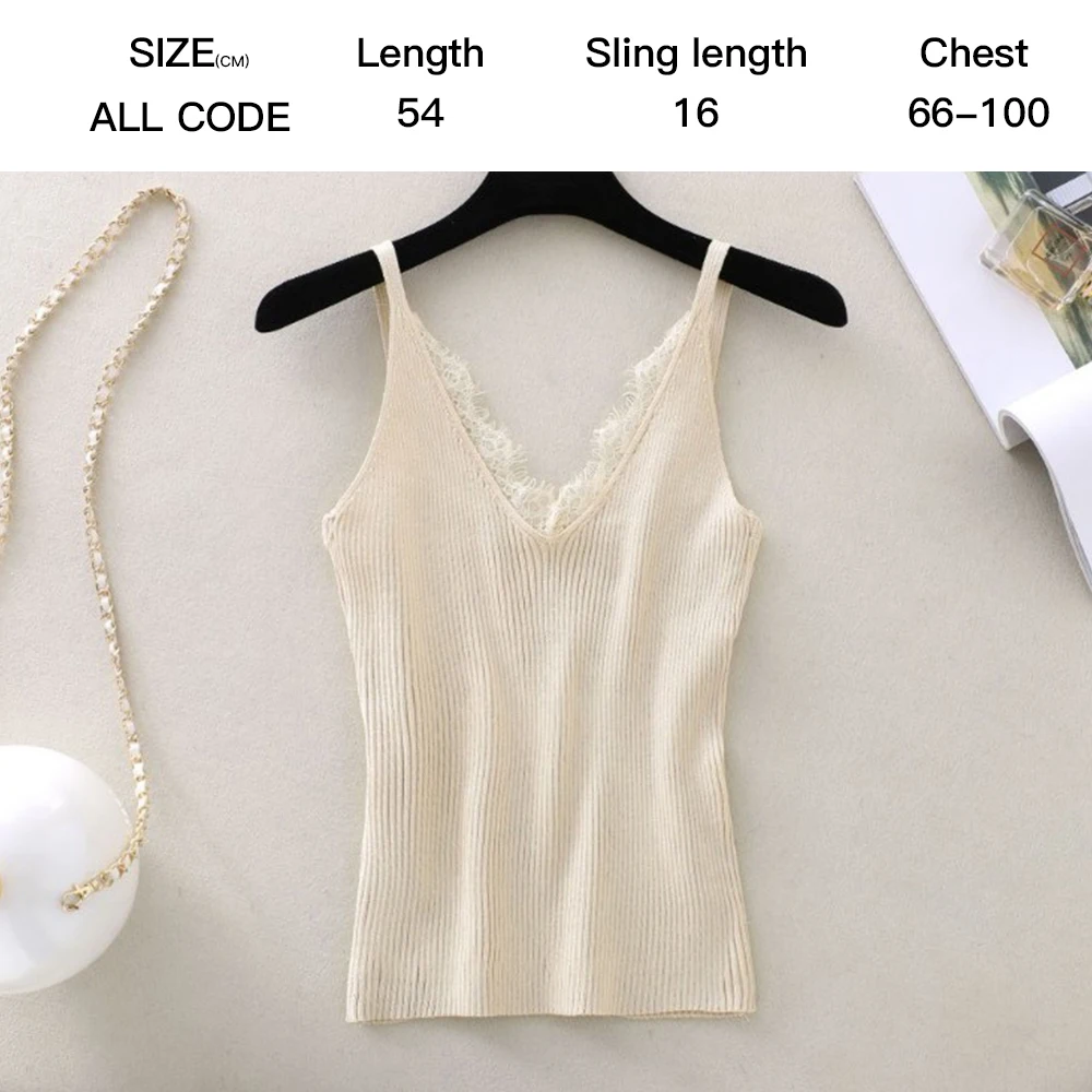 Вязаный топ на бретелях кружевной с двойным v-образным вырезом Простой Тонкий Топ