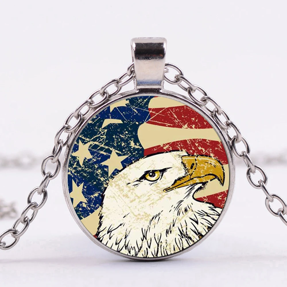 Fashion USA US Flag Keychain High Grade America Eagle 3D Printed Glass Dome Pendant 4 Color Chain Necklace Souvenir Gifts | Украшения и