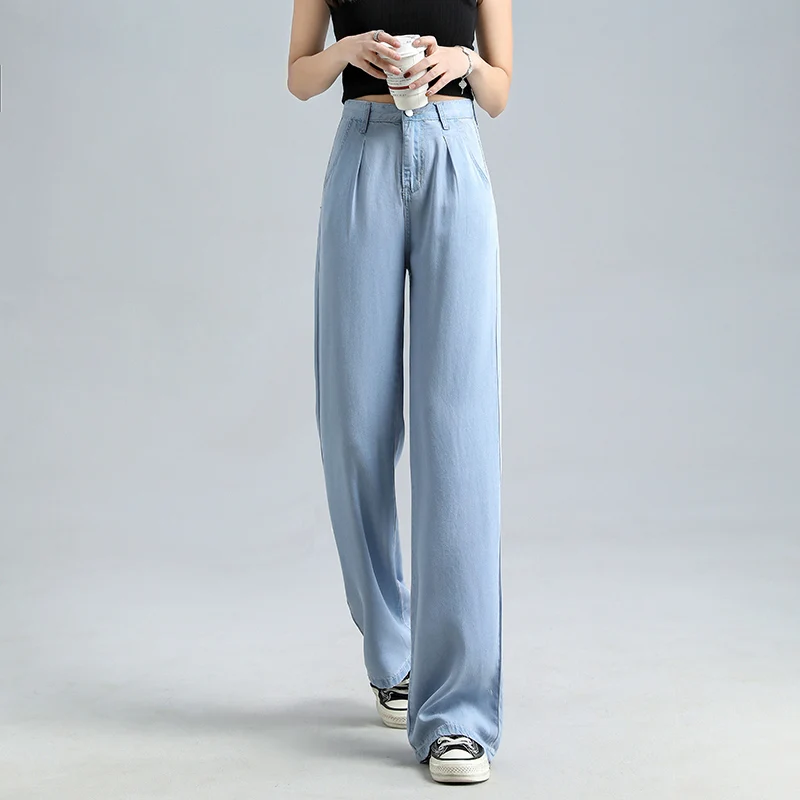 

TongSiHai Jeans Women Summer High Waist Straight Tencel Denim Pants Ladies Loose Thin Streetwear Vaqueros Mujer Large Size Blue