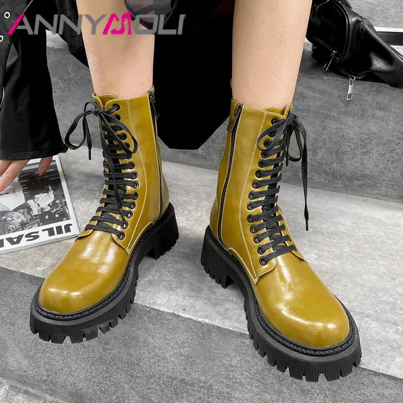 ANNYMOLI/мотоциклетные ботинки из натуральной кожи на платформе и среднем каблуке