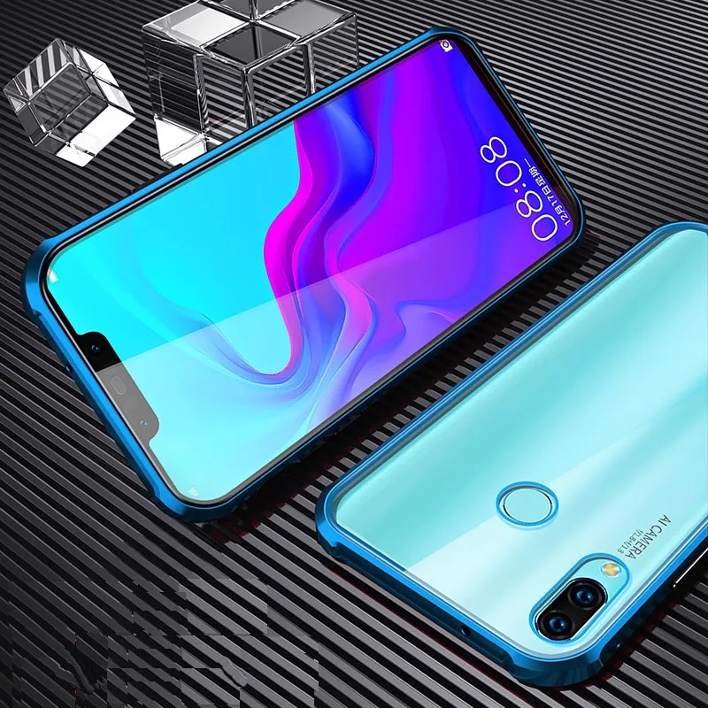 Синий Металлический магнитный чехол для huawei Nova 3i из закаленного стекла, задняя крышка с магнитом для huawei Nova 3e Nova 3, передний и задний стеклянный чехол - Цвет: Синий