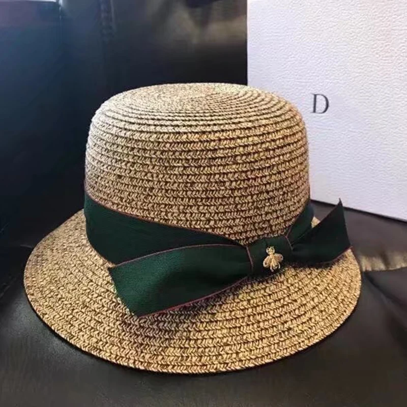 

Summer Straw Hat Green Ribbon Bucket Hat Sunshade Hat Fashion Hot Style Designer Luxury Anti-UV Hepburn Style Elegant Caps New