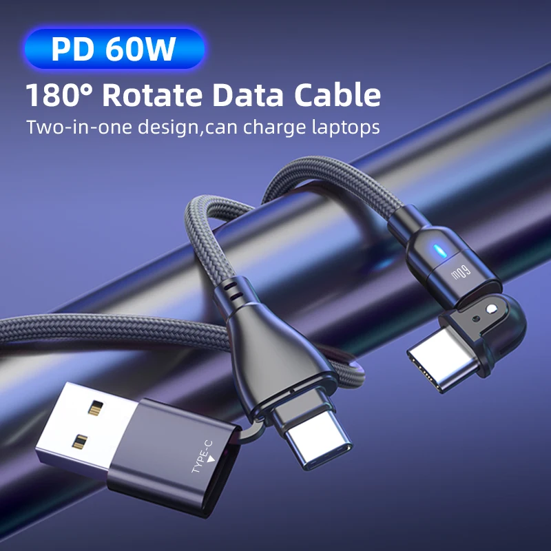 

3A Type C To USB Type C Cable 2 in 1 PD 60W Quick Charge Data Cord For Samsung S20 Xiaomi Mobile Phone Charger Cable 180 Rotate