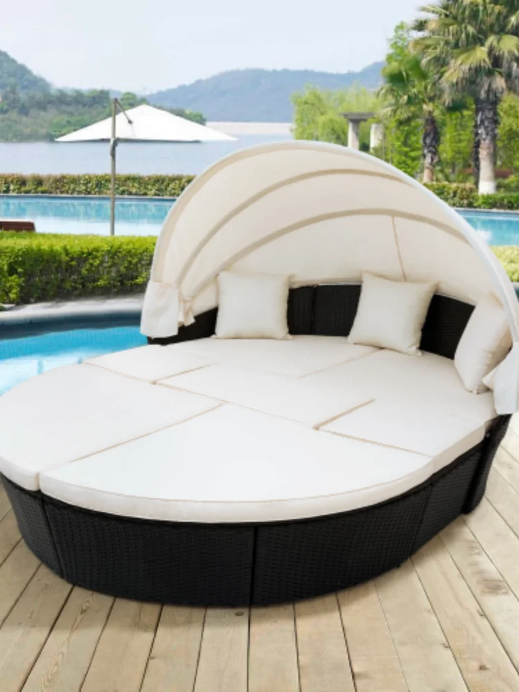 Outdoor garden furniture rattan sofa bed and retractable canopy round outdoor set wicker clamshell seat beige. | Мебель