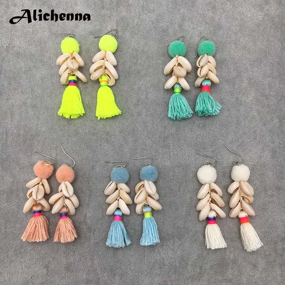 Богемные серьги с ракушками и кисточками бижутерия эффектные винтажные помпоны