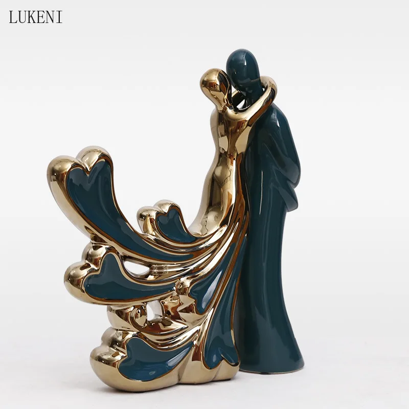 

Nordic Dark Green Plating Gold Ceramic Couple Decoration Wine Cabinet Decoration High-end Wedding Gift Decoration
