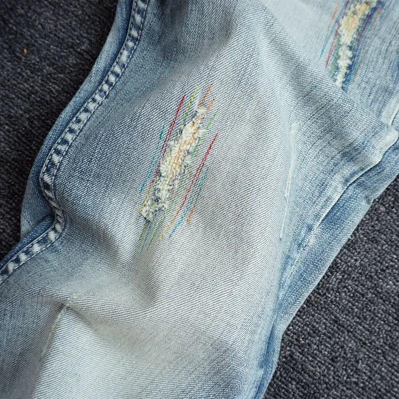 Korean Style Fashion Men Jeans Retro Light Blue Elastic Slim Fit Ripped Jeans Men Embroidery Designer Casual Denim Pencil Pants