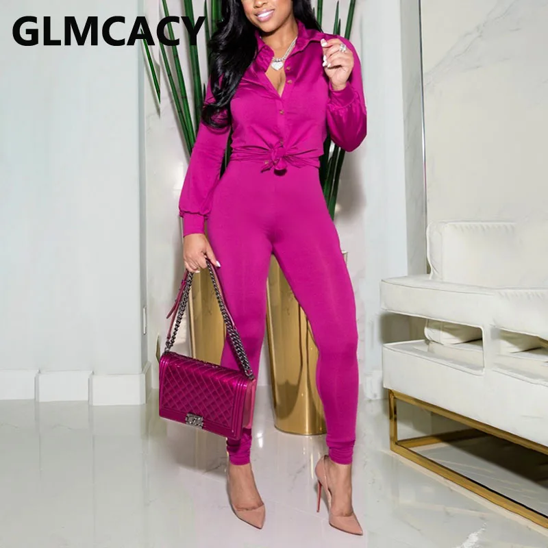 

Women Two Piece Elegant Suits Long Sleeve Button Up Shirt & Slim Pants Set