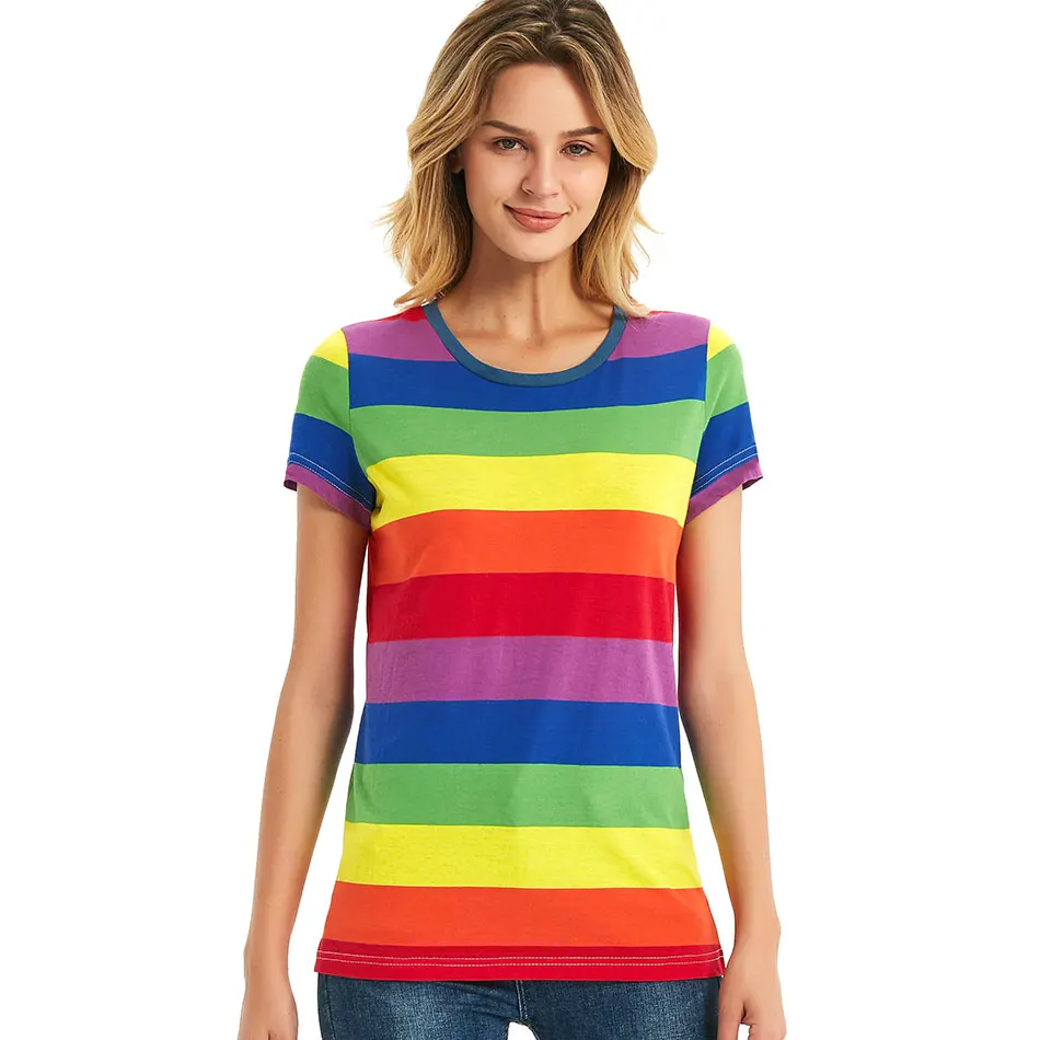 Радужная женская футболка в черно-белую полоску, футболки в красную и белую полоску, повседневные топы с коротким рукавом - Цвет: Зеленый