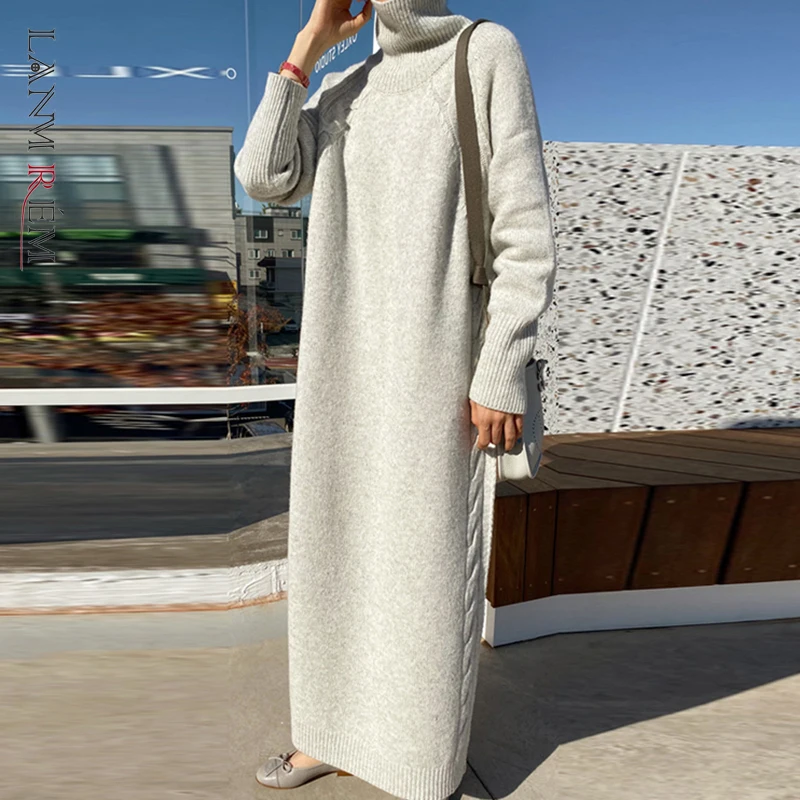 

LANMREM 2022 Autumn New High Neck Knitted Dress Women Long Sleeve Loose Pullover Sweater Female Fashion 2W708