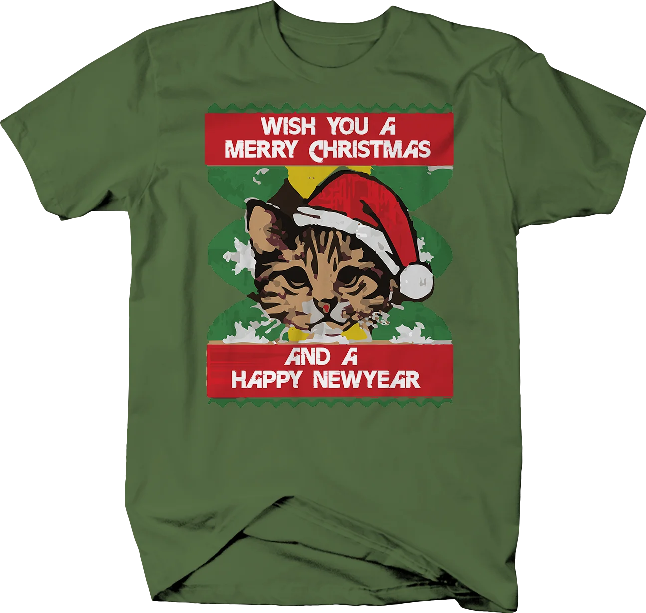 

Wish You Merrry Christmas Happy New Year Cat T-Shirt Mens