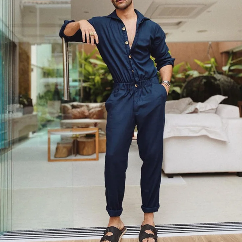 

2021 Men Fashion Loose Rompers Plus Size Casual Solid Color Jumpsuits Mens Buttons High Waist Fashion Long Sleeve Lapel Rompers