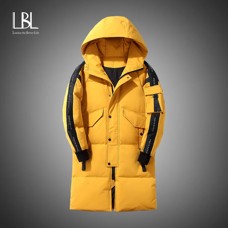 

Длинная мужская куртка-пуховик 2021, модная зимняя теплая толстая белая парка на утином пуху, Мужская ветровка, пуховик с капюшоном, парки