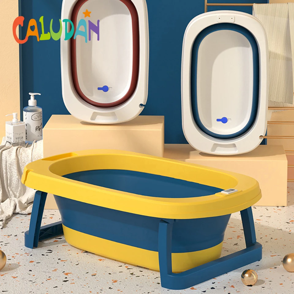 Caludan Baby Shower Bath Tubs Newborn Folding Portable Bathtub Children Silicone Tubs Smart Thermometer Sensor Non-Slip Cushion