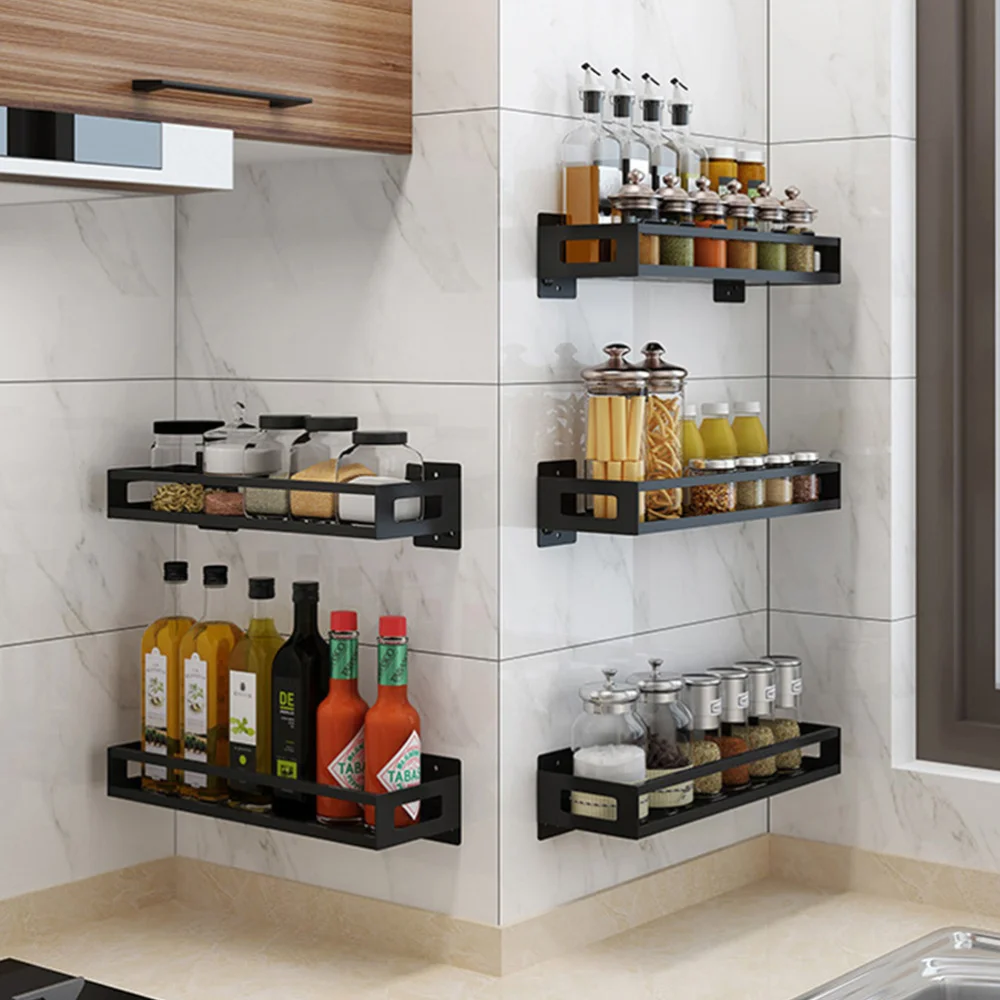 

1pc Kitchen Rack Punch Free Spice Rack Wall-mounted Kitchen Storage Rack (Black)