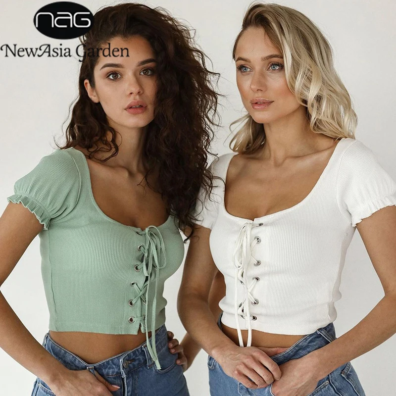

NewAsia Ribbed Knitted Blouses Cut out Tie up Slim Fit White Short Sleeve Crop Top Sexy Casual Party Wear Summer Tops Women 2021