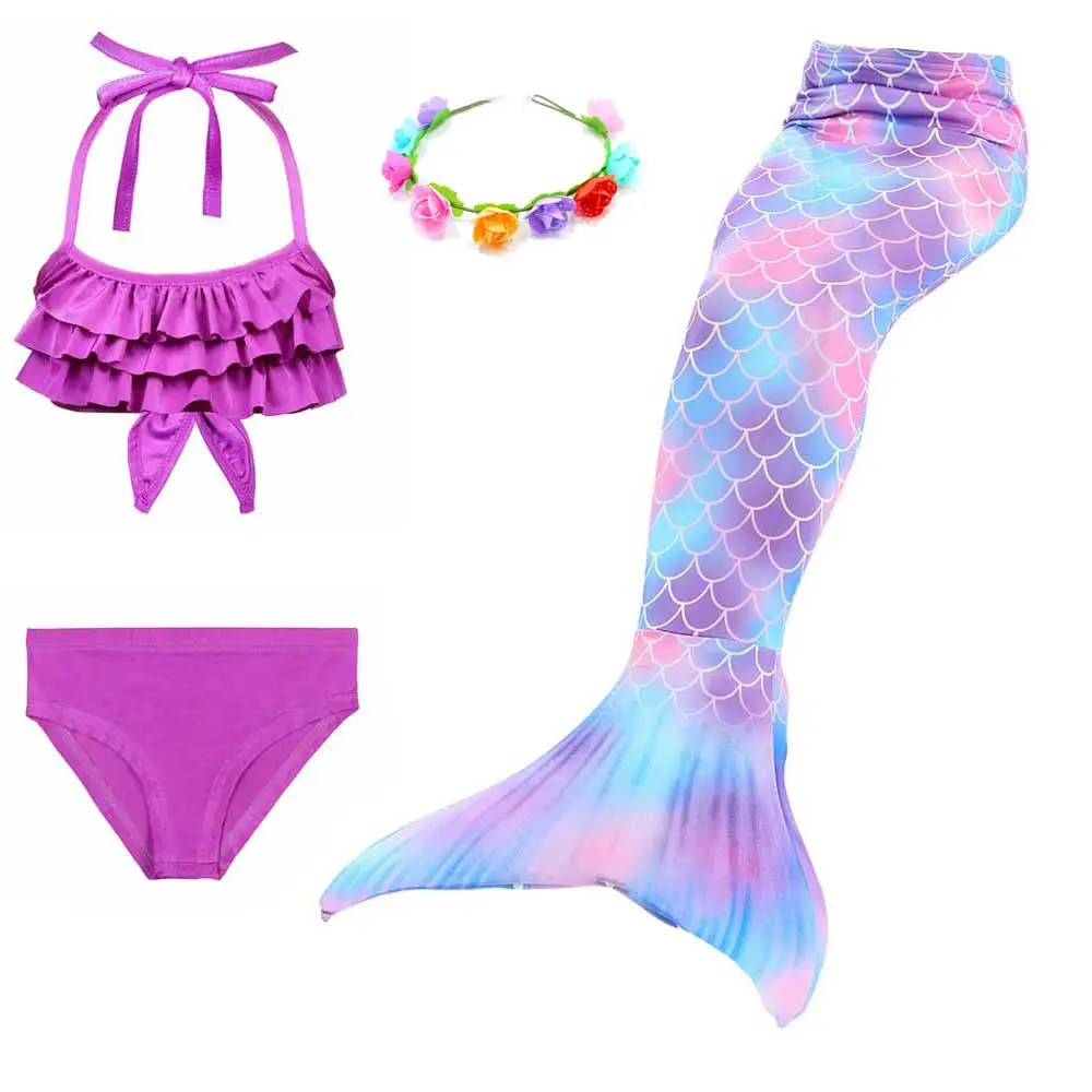4pcs Set 3 Girls Walkable And Swimmable Mermaid Tail Swimsuit Cosplay Costume Kids Children Bikini And Sparkle Mermaid Swimtail - Цвет: 4pcs Set 3
