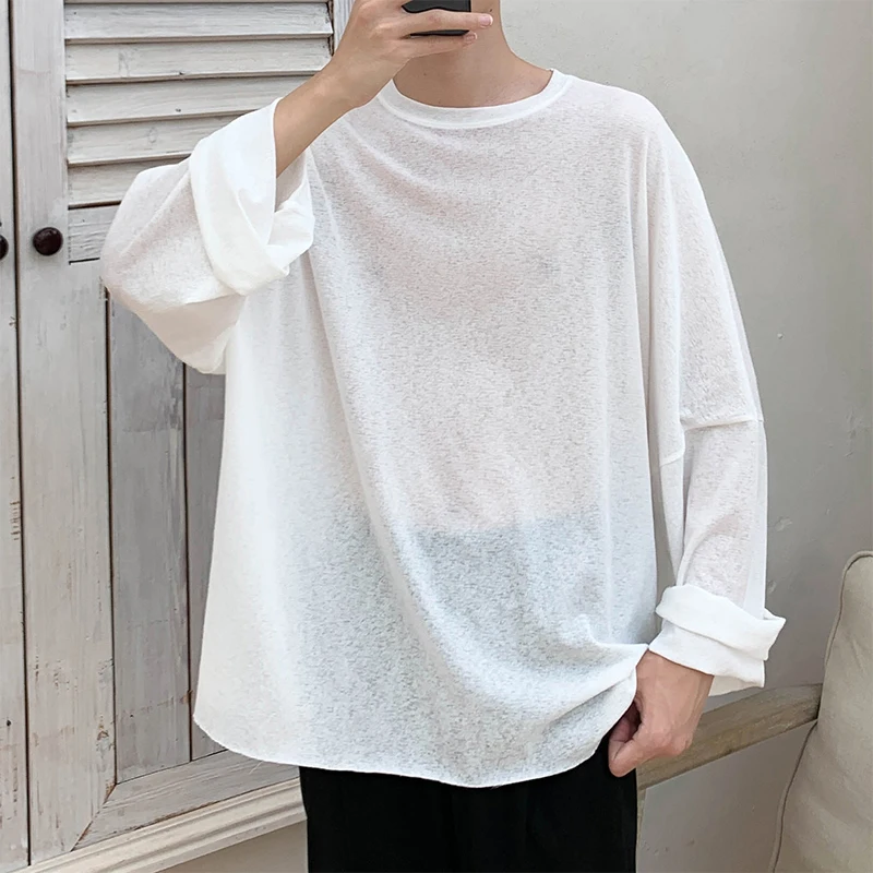 Парная футболка мужская с длинным рукавом белая Повседневная тонкая прозрачная